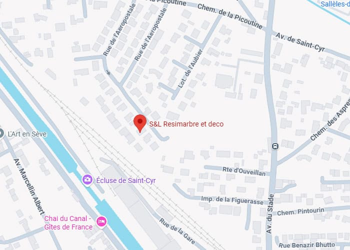 S&L Resimarbre et deco : plan d'accès et localisation Plan de situation de S&L Resimarbre et deco, à proximité de l'Écluse de Saint-Cyr et de la Rue de l'Aéropostale.