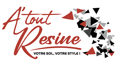 A'tout Resine : Expert en sols décoratifs en résine de style Logo rouge A'tout Resine avec éclats géométriques et slogan : Votre sol, votre style !